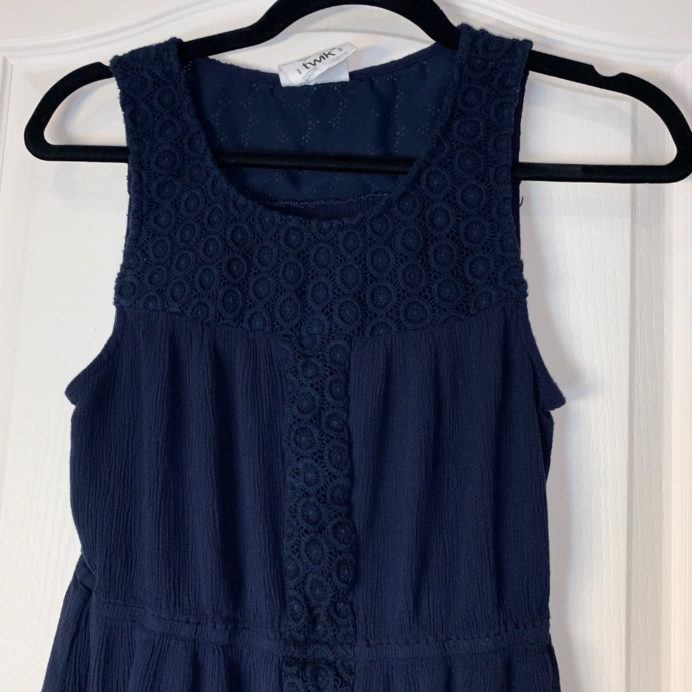 Twik Simons Navy Boho Mini Dress Crochet Lace Sleeveless Summer Dress M - Picture 5 of 12